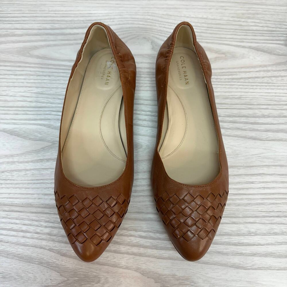 Cole Haan Grand Carina Ballet Flats SZ 9.5 British Tan Woven Leather Pointed Toe
